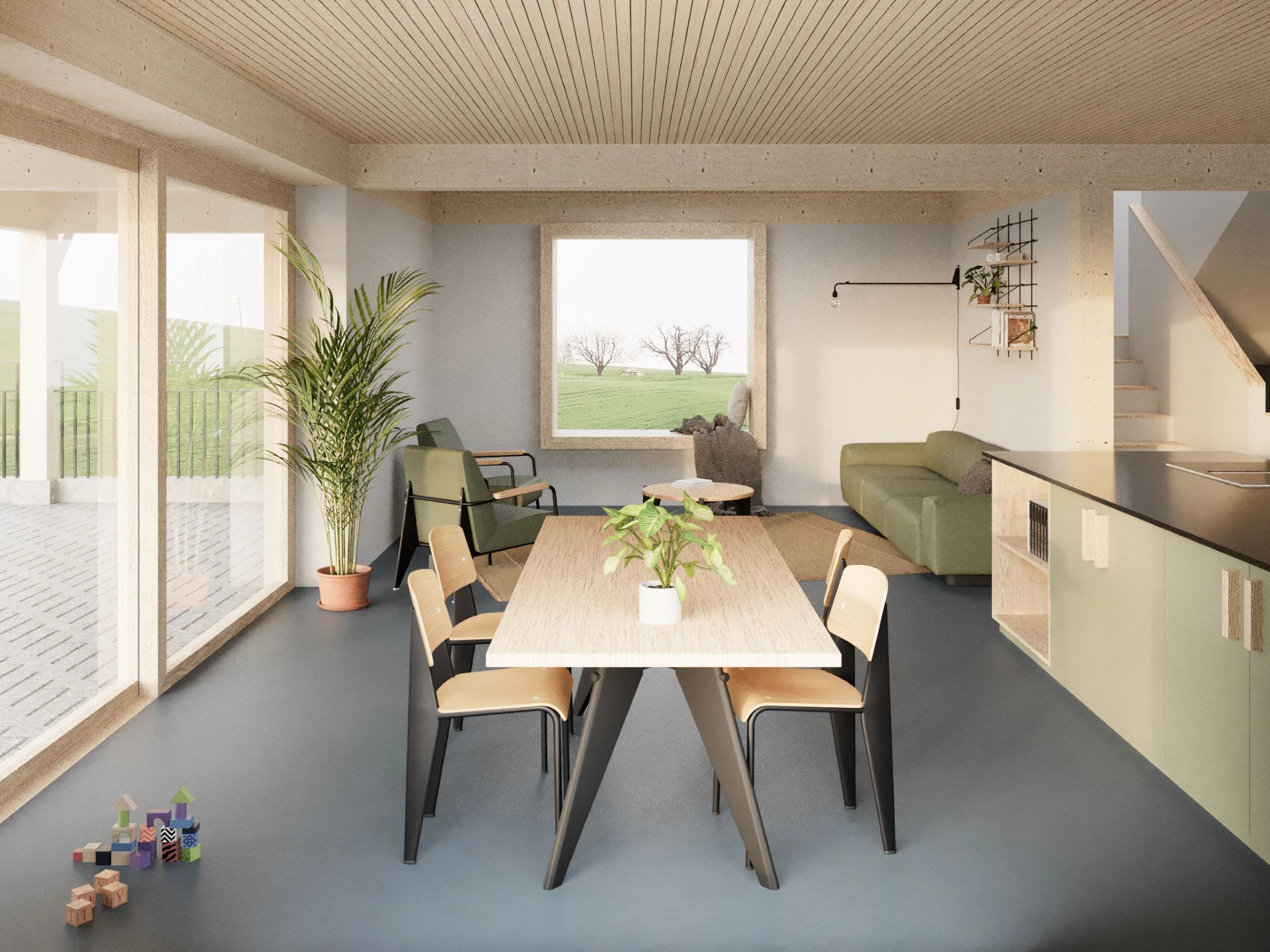 render eines inneraums in holzbau