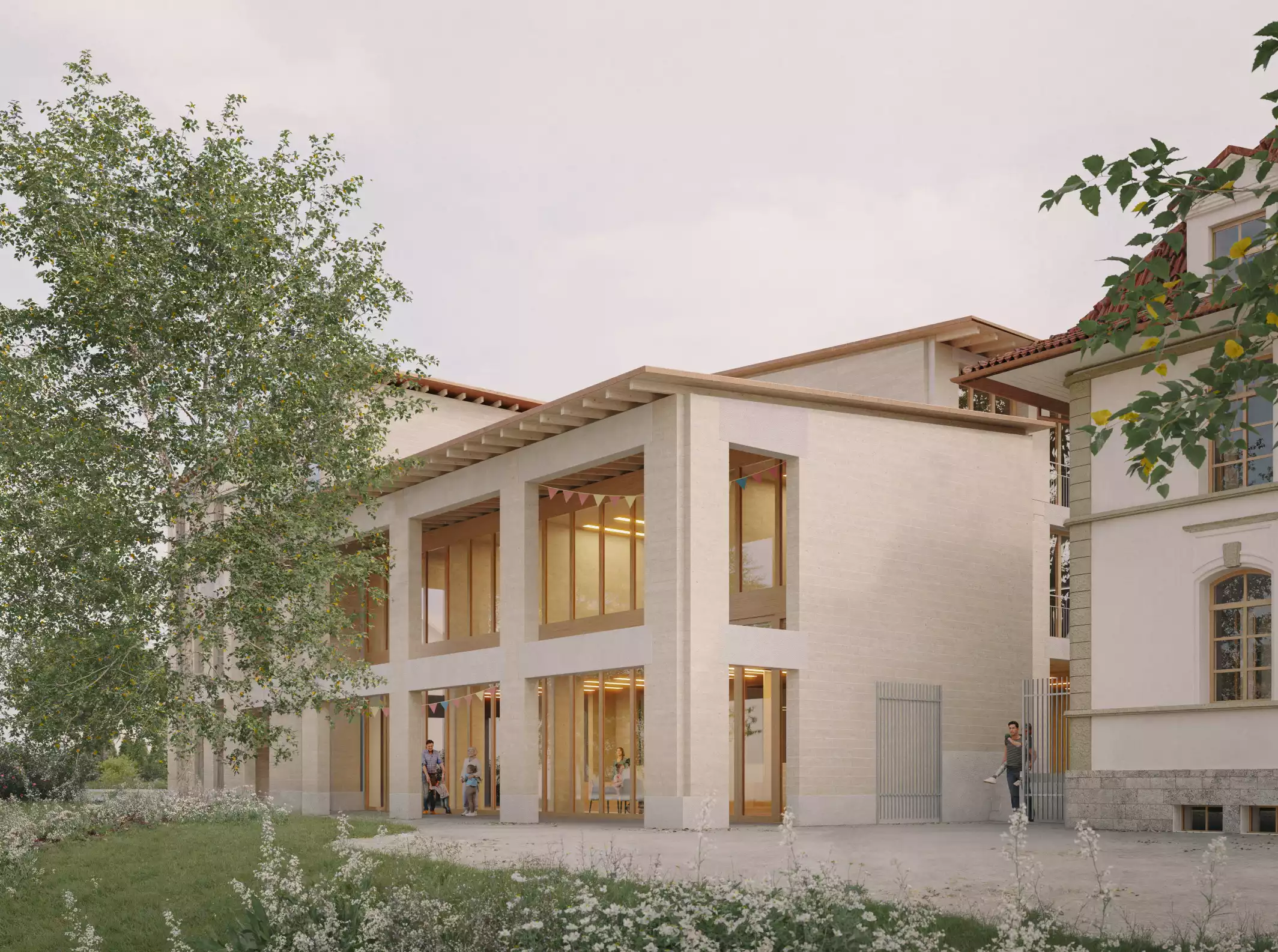 givisiez le bosquet co-struct jardin d'enfants Lehmbau Stampflehm Nachhaltigkeit Holzbau