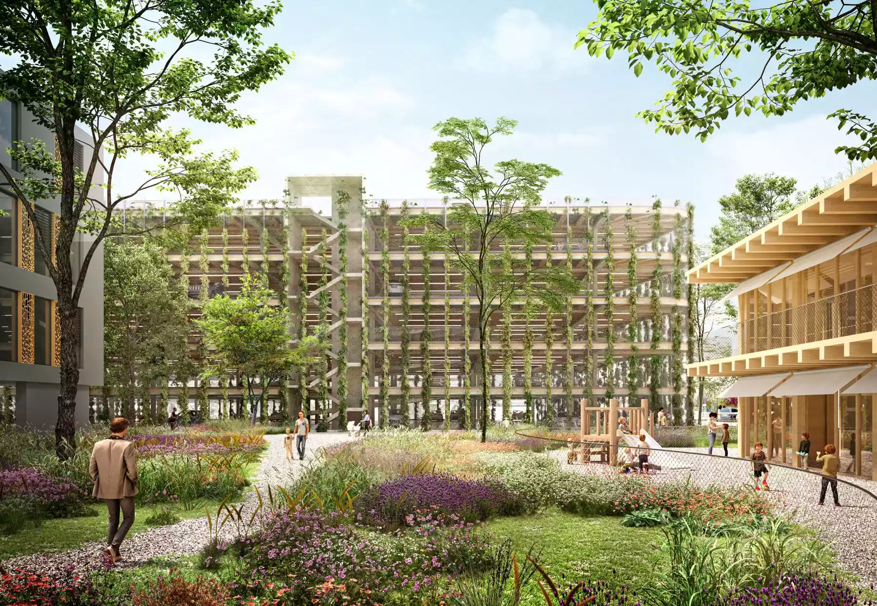 Architekturwettbewerb mit Djurdjevic Architectes f&uuml;r das Krankenhaus in Yverdon-les-Bains, eHnv f&uuml;r ein Parkhaus und ein Kinderhaus in einer Holz-Beton-Verbundkonstruktion.