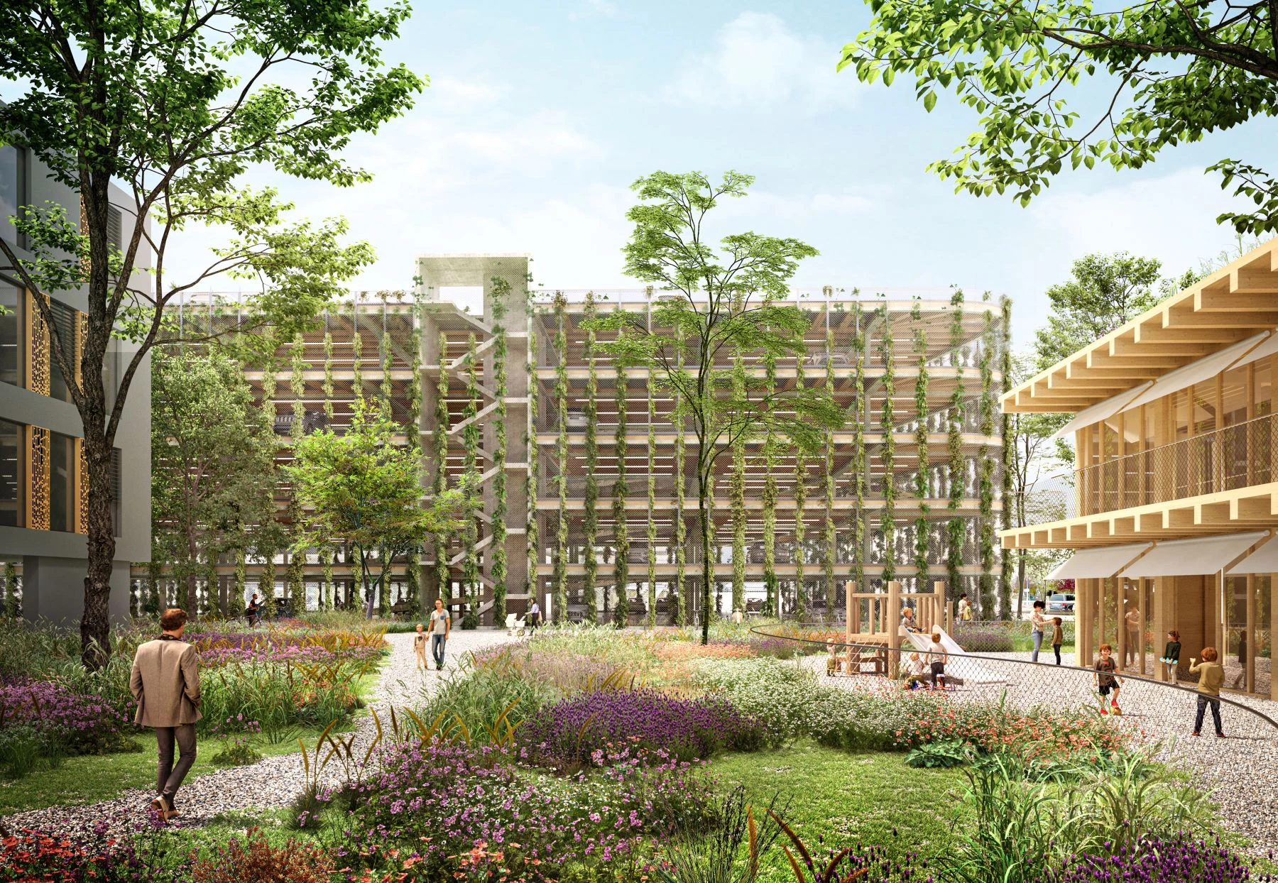 Architekturwettbewerb mit Djurdjevic Architectes f&uuml;r das Krankenhaus in Yverdon-les-Bains, eHnv f&uuml;r ein Parkhaus und ein Kinderhaus in einer Holz-Beton-Verbundkonstruktion.