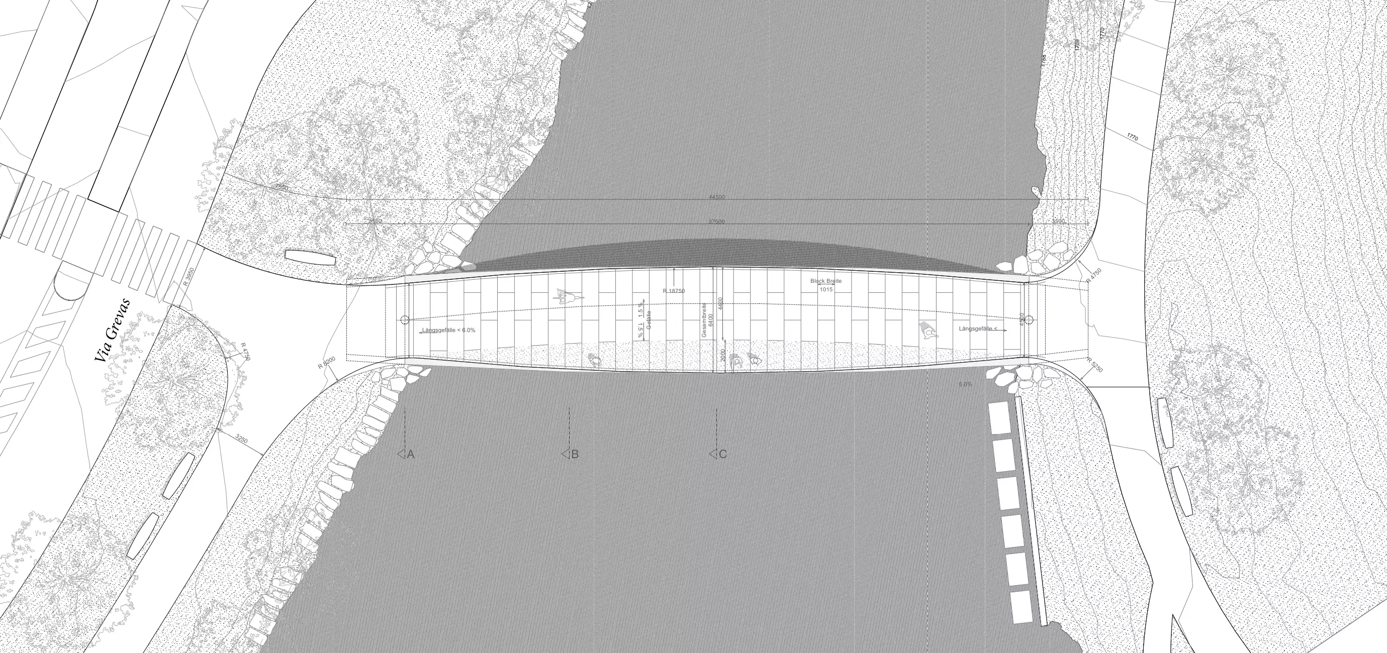 CAD Zeichnung eines &Uuml;bersichtsplans einer Natursteinbr&uuml;cke in St. Moritz