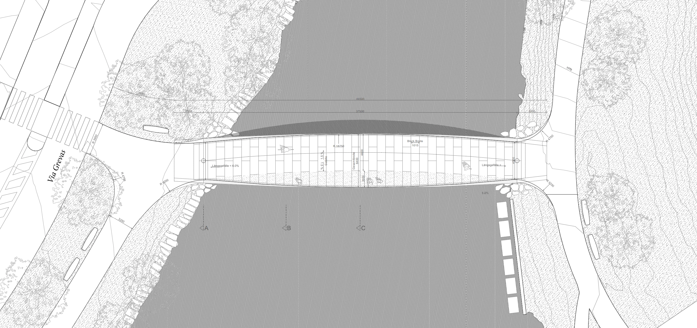 CAD Zeichnung eines &Uuml;bersichtsplans einer Natursteinbr&uuml;cke in St. Moritz