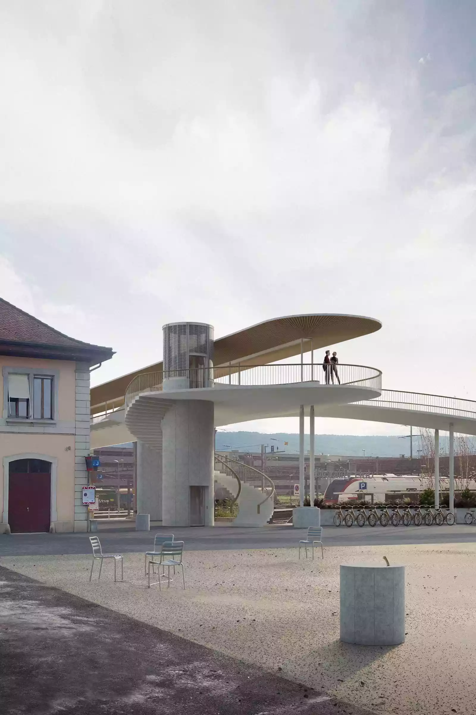 Architekturwettbewerb mit studio kalk in Del&eacute;mont f&uuml;r eine Fussg&auml;ngerbr&uuml;cke &uuml;ber den SBB-Bahnhof aus Holz.