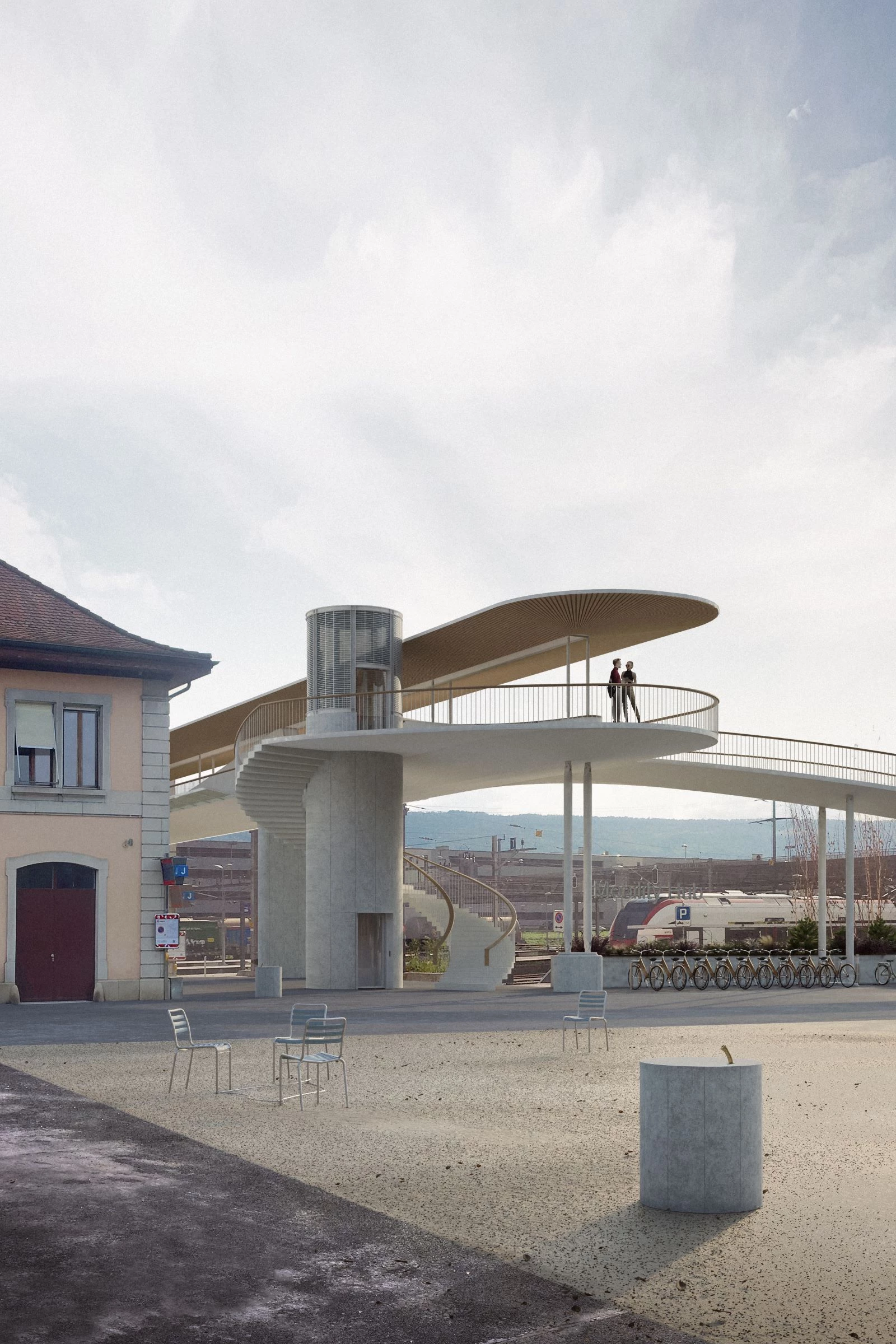 Architekturwettbewerb mit studio kalk in Del&eacute;mont f&uuml;r eine Fussg&auml;ngerbr&uuml;cke &uuml;ber den SBB-Bahnhof aus Holz.