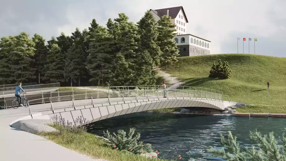 Render einer Fussg&auml;ngerbr&uuml;cke aus Naturstein in St. Moritz